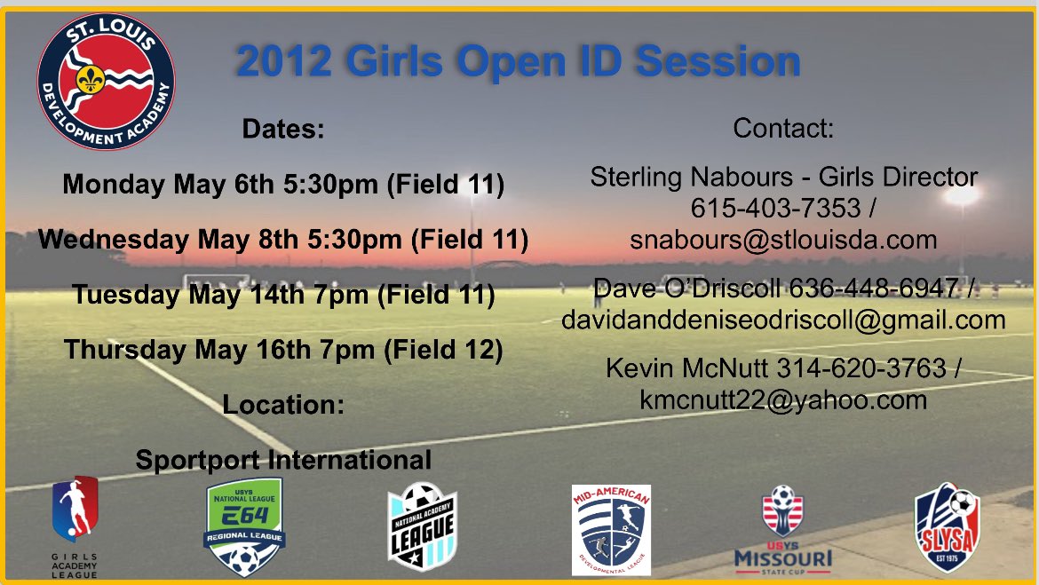 The STLDA 2012 girls ID Session is canceled tonight May 8th! @coachnutt22