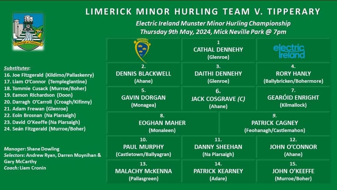 Best of luck to John O Keeffe,Tommy Cusack and Sean Fitzgerald who are on the Limerick minor panel for tomorrow nights match against Tipperary in Mick Neville Park Rathkeale. Throw In at 7pm.