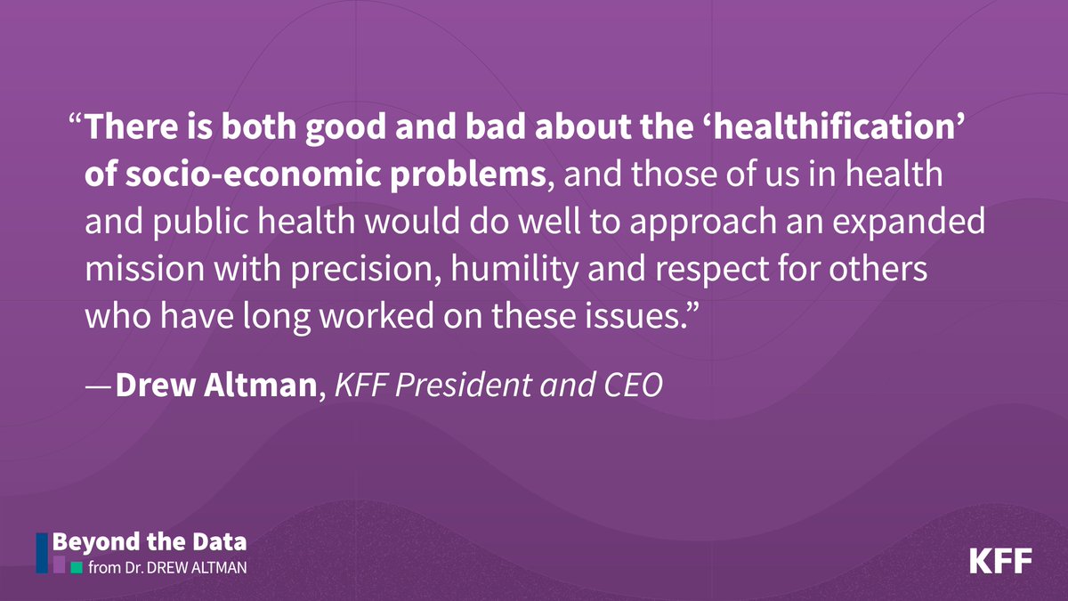 “The larger answers to poverty, income inequality, racial injustice, and our deeper socio-economic problems — all of which influence health — are mostly to be found in broader social and economic policies outside of our world,” writes KFF's @DrewAltman. bit.ly/44FGChJ