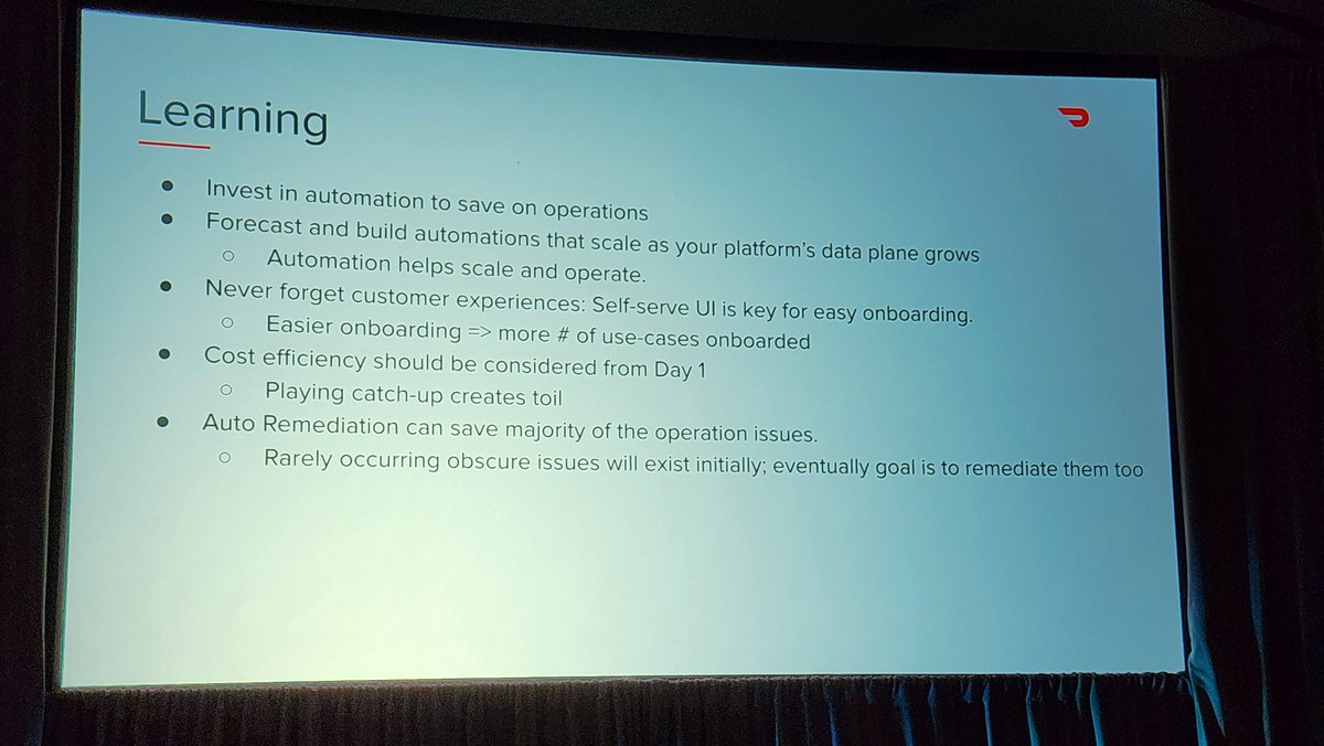 @redpandadata @dunithd @ApachePinot @ScyllaDB @apachekafka @apachesuperset @tableau @streamlit @springboot @databricks @trinodb @DoorDash @ApacheFlink @CockroachDB @DeltaLakeOSS @kubernetesio @SlackHQ @SnowflakeDB @ApacheAvro @ApacheSpark .@DoorDash learned many lessons during this work. Required making it easy [self-serve UI], making it affordable, and making it resilient [auto-remediation]. #RTASummit