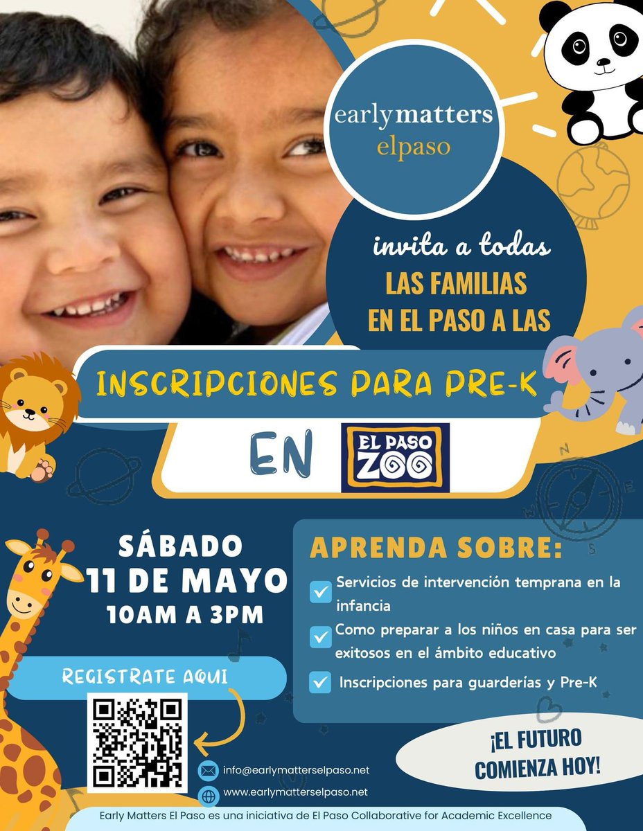 El Paso Community Foundation (@elpasocf) on Twitter photo <a href="/earlymatterselp/">Early Matters El Paso</a> invites all El Paso families to PRE-K ENROLLMENT DAY at the El Paso Zoo on Sat, May 11 from 10am-3pm. Learn about, preparing children at home to succeed in an educational environment, and more!
REGISTER HERE: docs.google.com/forms/d/e/1FAI…
#earlymatters #prek <a href="/earlymatterselp/">Early Matters El Paso</a> invites all El Paso families to PRE-K ENROLLMENT DAY at the El Paso Zoo on Sat, May 11 from 10am-3pm. Learn about, preparing children at home to succeed in an educational environment, and more!
REGISTER HERE: docs.google.com/forms/d/e/1FAI…
#earlymatters #prek