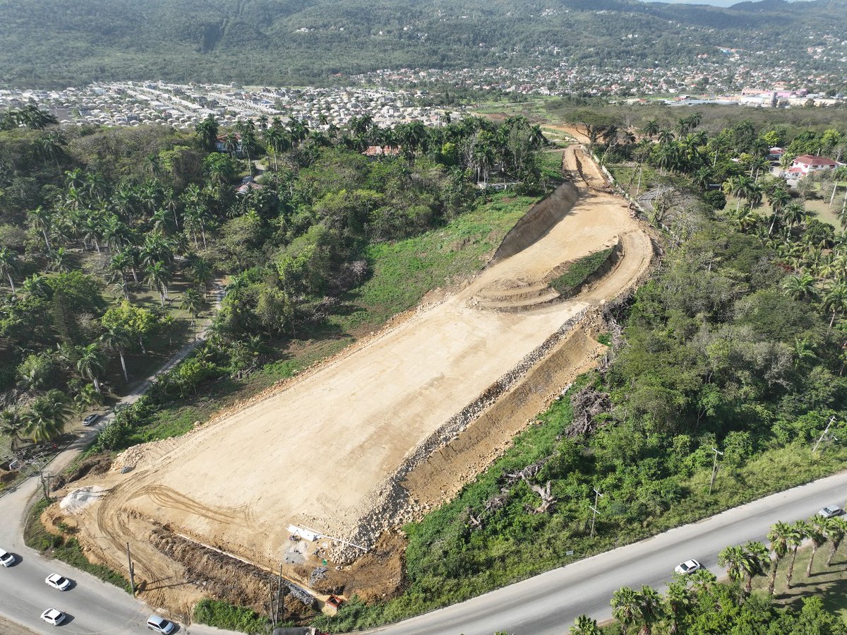 Photo from the Montego Bay Perimeter Road Project ( #MBPRP ) : Excavation to finish grade level and embankment filling at the Fairfield Road Interchange, in preparation for the construction of an overpass. (Photo Curtesy of NEPA & #NROCC joint monitoring team)