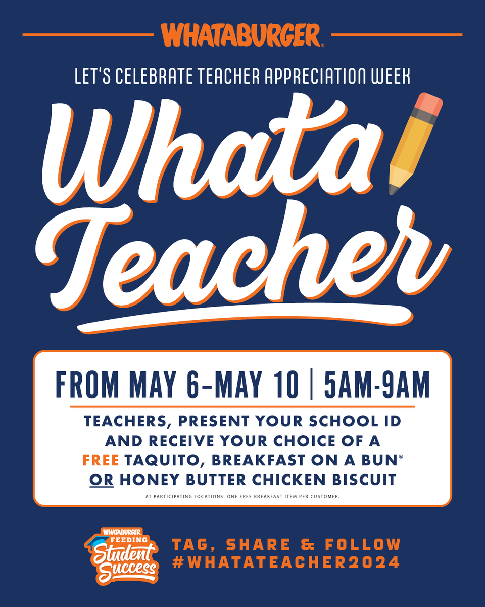 🎉 Calling all teachers! 🍳 Whataburger is spreading the love with free breakfast just for you. Start your day right with a delicious meal on the house. Thank you, Whataburger, for honoring our educators!