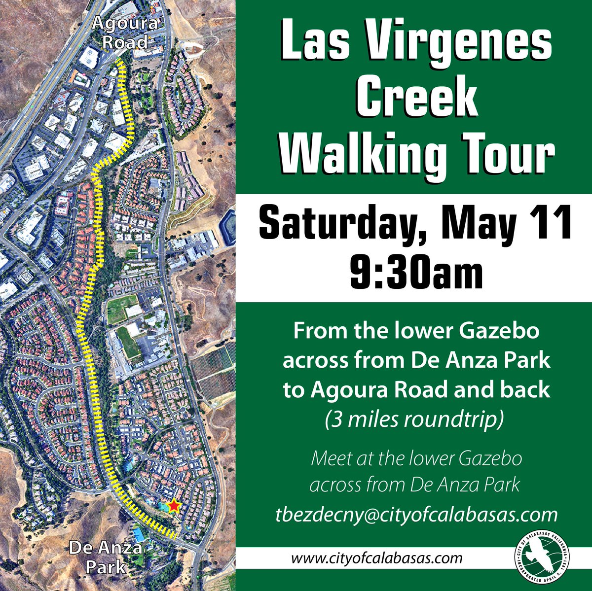 See the latest happenings at the Las Virgenes Creek. City engineers are holding another LV Creek Tour this Saturday. Lots of projects on the horizon. Start at the gazebo across from De Anza Park at 9:30a.