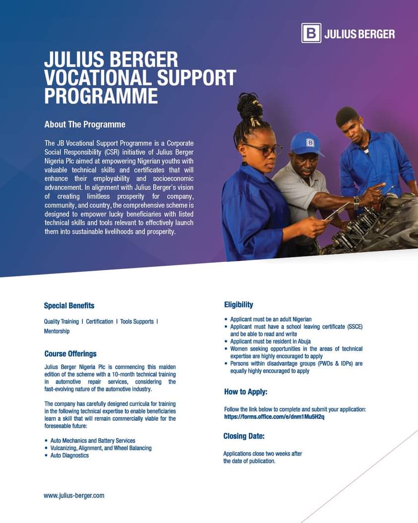 d_LegalEagle's tweet photo. Unlocking limitless potential with the Julius Berger Vocational Support Programme.
Join us in building a brighter future together! Apply today: https://t.co/EUMAgb6hPP
#PartnerforProgress #EmpoweringYouth #SkillDevelopment https://t.co/FN05MxGwUS