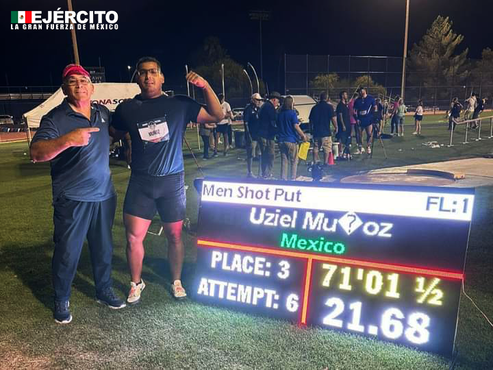 Nos sentimos orgullosos de nuestro compañero el Cabo Uziel Aarón Muñoz Galarza, digno representante del #EjércitoMexicano quien obtuvo el 3/o. lugar en la prueba de “Lanzamiento de bala”, en el “World Athletics Continental Tour” en #Tucson, #Arizona #AtletasMilitares