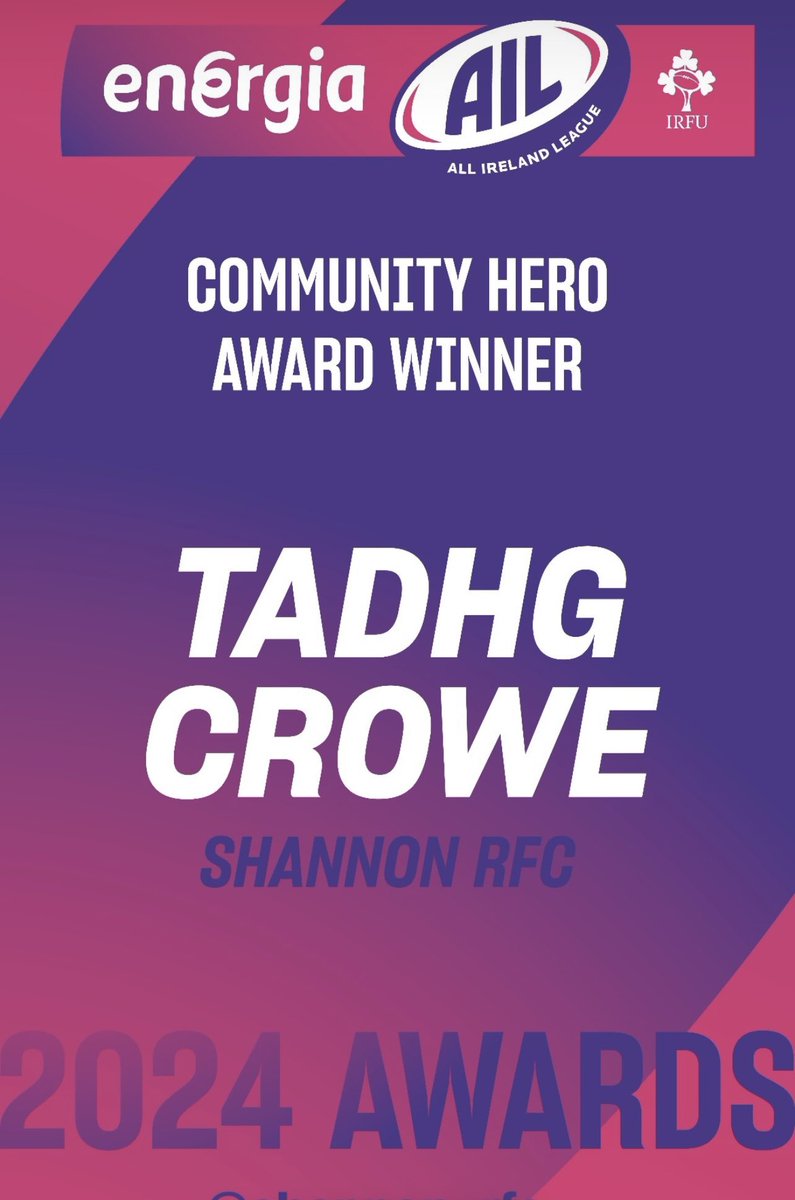 Massive massive massive congratulations to our @EnergiaEnergy @irishrugby community hero Tadhg Crowe! We’re so thrilled to see him win & know it could not go to a more deserving person! He is a fantastic ambassador of not only Shannon - but club rugby as a whole we are so proud!