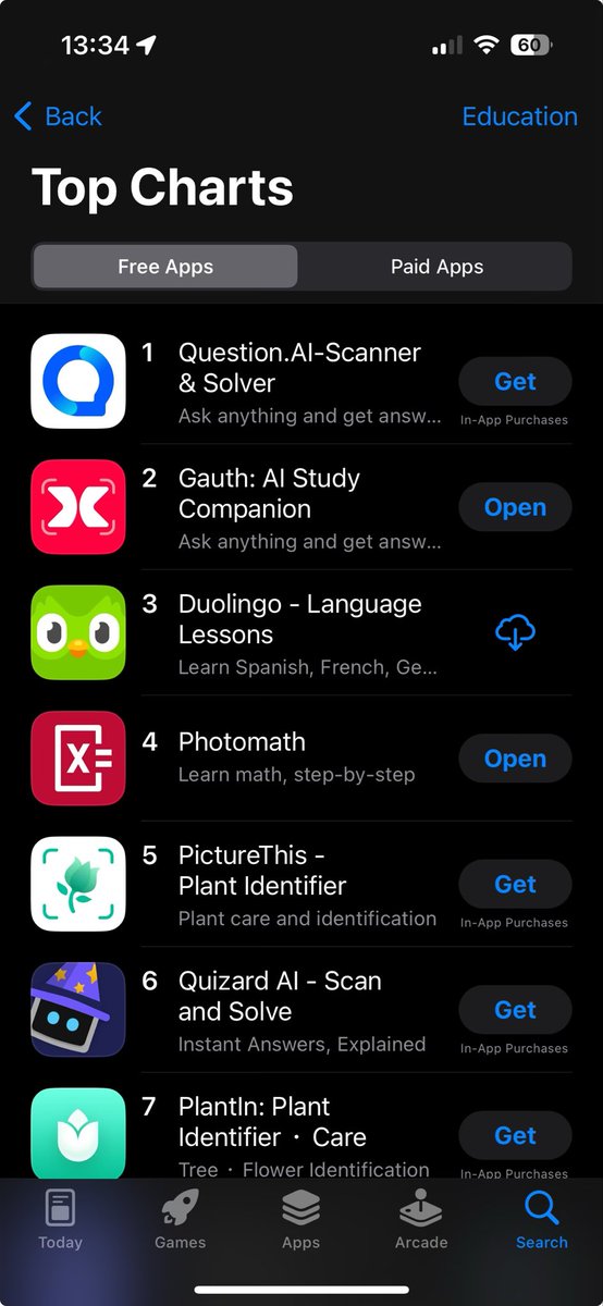 Approx half of the top 20 apps in Education category are now AI cameras that do your homework for you