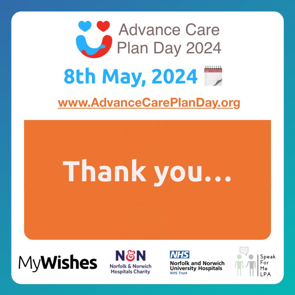 'Thank you' to everyone who made #ACPDay2024 a HUGE success. Whether you shared a pledge, submitted a story, attended the conference, empowered others or improved your own learning.... 'THANK YOU'.

We will share photos and more information very soon. 😍

AdvanceCarePlanDay.org
