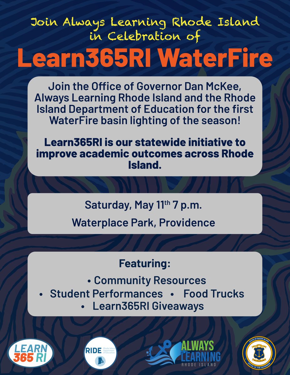 We’re teaming up with Always Learning RI to kick off the 2024 @WaterFireProv season with a lighting celebrating #Learn365RI.

Join us at Waterplace Park on Saturday 5/11 for performances, food trucks and to learn about our statewide initiative to improve academic outcomes in RI.