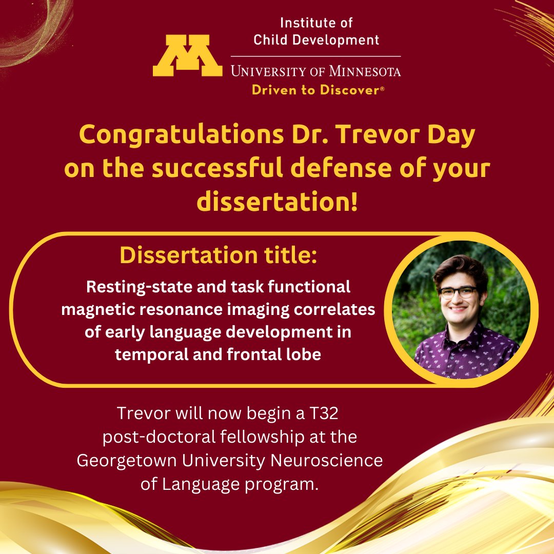 🎉 Congratulations to Dr. @TrevorKMDay on defending your dissertation and completing your PhD! Trevor is going on to begin a T32 postdoc at the Georgetown University Neuroscience of Language program. #UMNProud