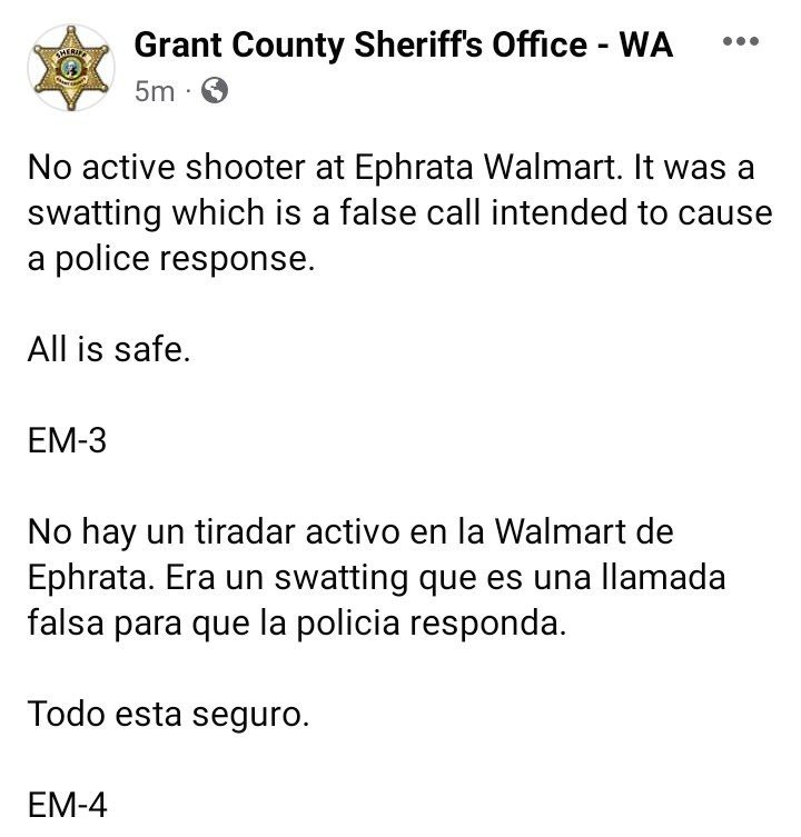 UPDATE: No active shooter at Ephrata Walmart, Washington.

Per Grant County Sheriff's Office, WA