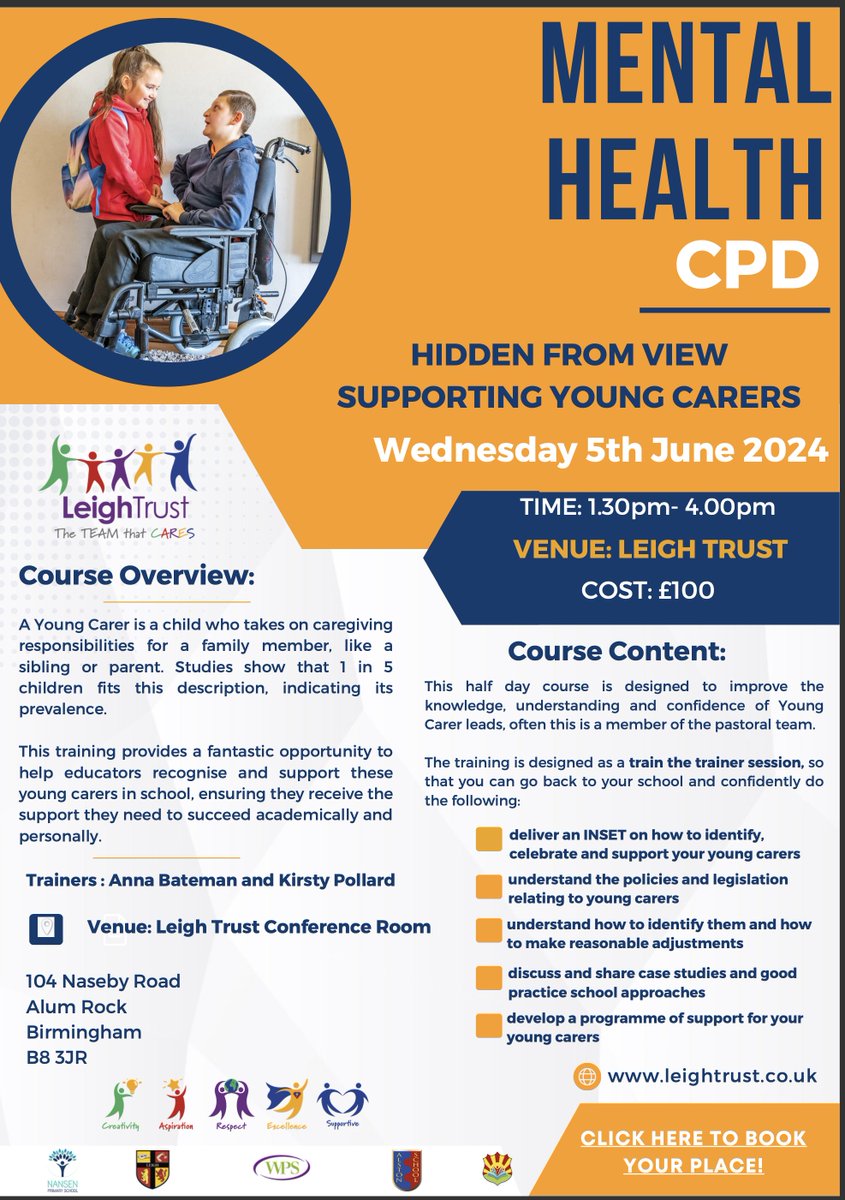 Join me and Kirsty Pollard @wyndclf at Leigh Trust in Birmingham on the 5th June, when we will providing training on helping you recognise, support and celebrate young carers - book now! form.jotform.com/231833123608047 @leightrustb8