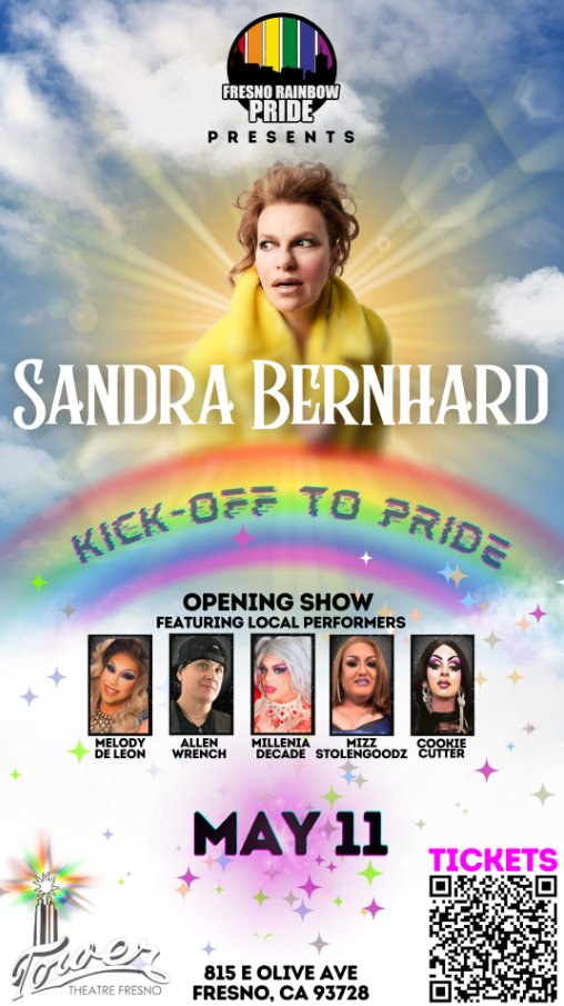 Thank you Fresno!! We are so excited to welcome @SandraBernhard to our great city this weekend, and we can't thank you all enough for helping us sell out the Tower Theatre! There are a few scattered single seats still available, if you want to attend! See you on Saturday!