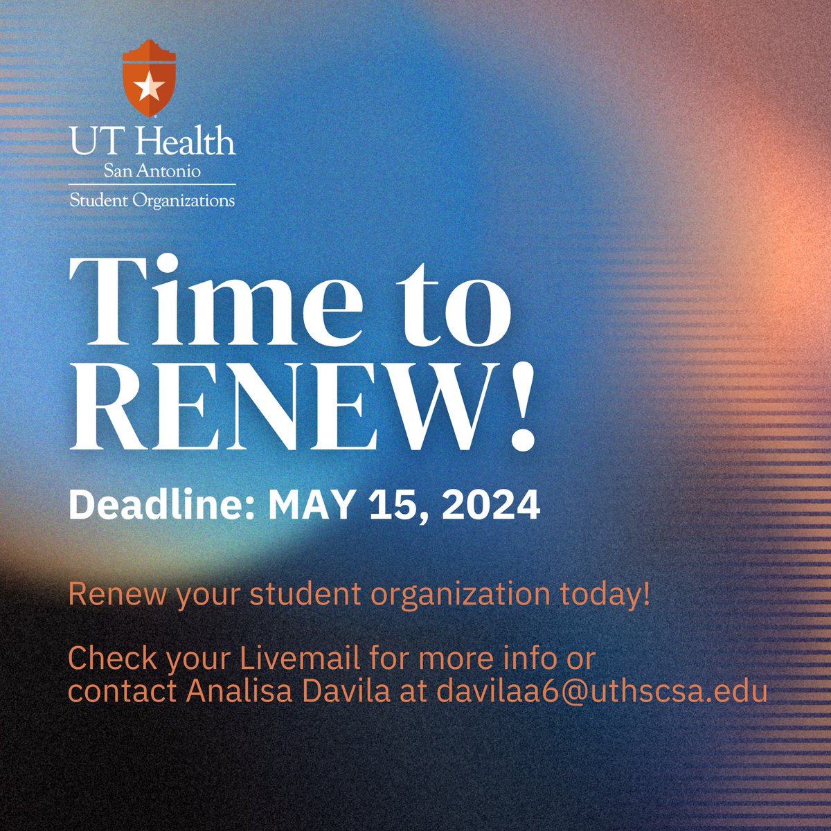 📣 Hey, Student Orgs! ONE WEEK left to renew! 

More information can be found in your Livemail or contact Analisa Davila at davilaa6@uthscsa.edu to check on your organization's status.