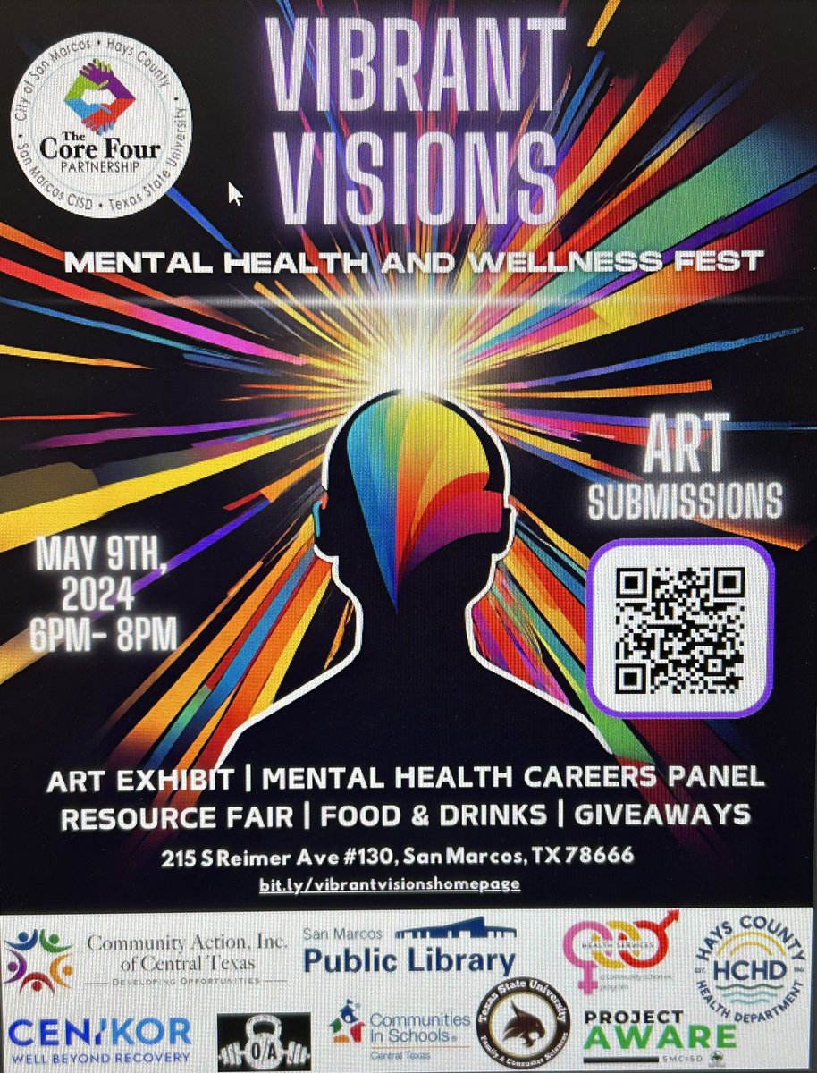 Jenny Parker (@jennyp3030) on Twitter photo #SMCISD <a href="/txst/">Texas State University</a> Tomorrow 6p-8p Come on by the Vibrant Visions youth and young adult mental health and wellness fest.
See some art from our #SMCISD students. Receive some resources. #SMCISD <a href="/txst/">Texas State University</a> Tomorrow 6p-8p Come on by the Vibrant Visions youth and young adult mental health and wellness fest.
See some art from our #SMCISD students. Receive some resources.