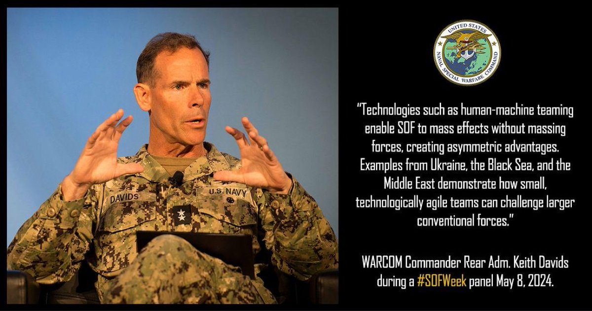 'Technologies such as human-machine learning enable SOF to mass effects without massing forces, creating asymmetric advantages,' @USNavy Rear Adm. Keith Davids during a #SOFWeek panel on Developing #SOF Teams for the Future. #SOFWeek2024 #People #Win #Transform