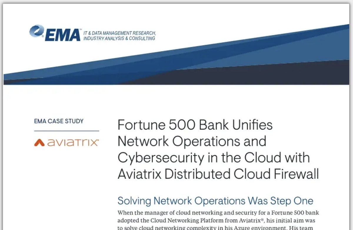 ✅ There are 500+ reasons that leading enterprises have chosen Aviatrix to help simplify #cloudnetworking. Here's one story from our customer, a F500 financial institution. 🔥

➡ Hear the story: resources.aviatrix.com/customer-stori…

@ema_research #firewall #cloudsecurity #finserv #networkops