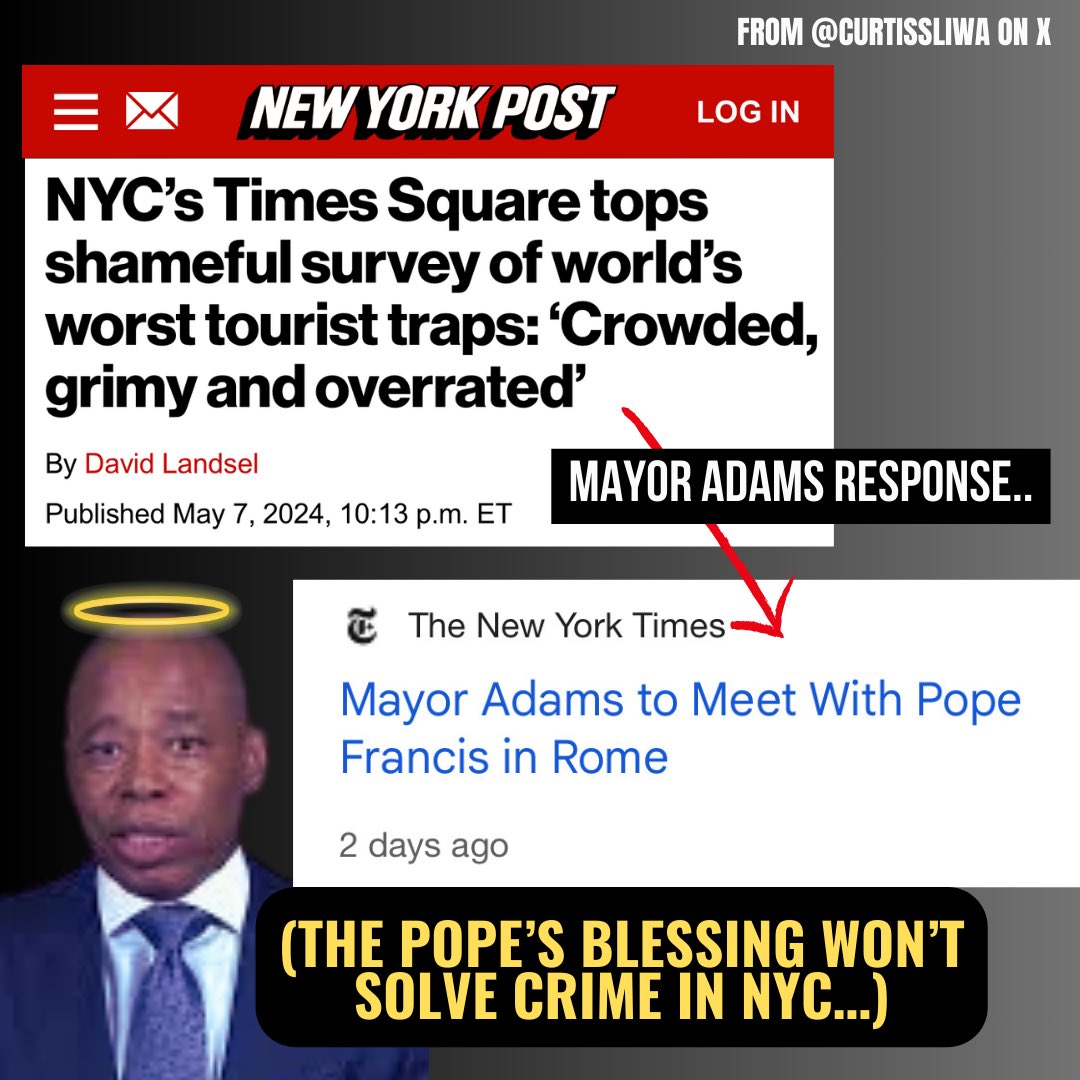 You can’t make this up…While #NYC deals with rampant crime, Adams is headed to Rome so he can get blessed by the Pope. Adams can’t just do this over a call? With a city in crisis, the Mayor shouldn’t be taking vacations to Rome…