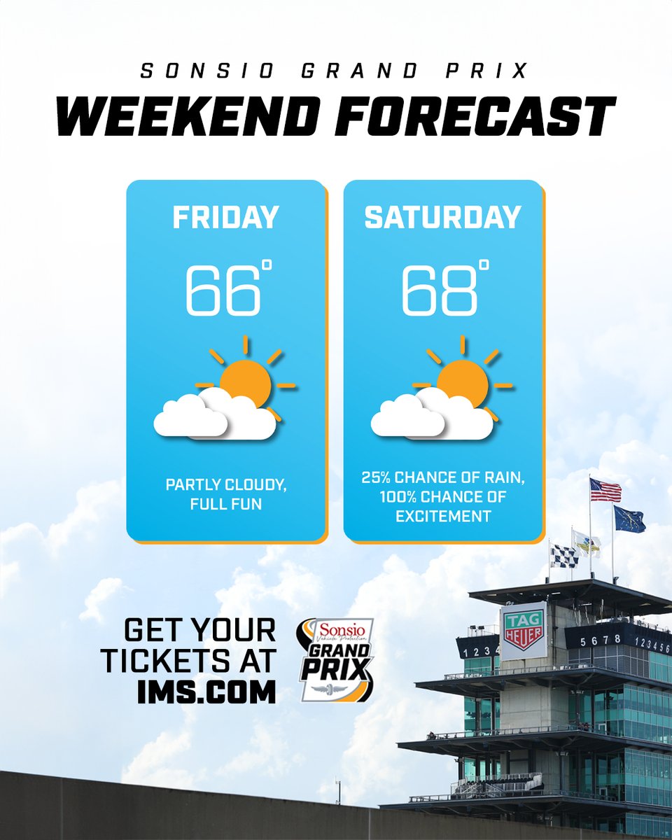 Come on out, the weather's fine! 🌤️ We've got crisp temps, fast cars and enough sunshine to go around for this weekend's @sonsio #IndyGP. See you out here! 🎟️ >>> IMS.com/GrandPrix #ThisIsMay | #INDYCAR