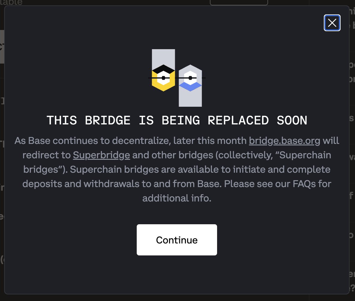 as part of decentralizing @base, we'll be transitioning our bridge UI to point to open source, public bridges like @superbridgeapp all the underlying contracts and token registry will remain the same — we just won't be running the UI! try it out: superbridge.app/base