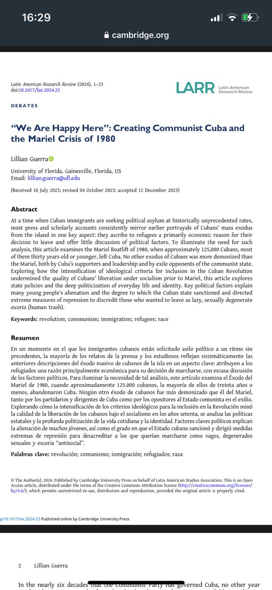 La ocupación de la Embajada de Perú 🇵🇪 en La Habana🇨🇺en abril de 1980 por más de diez mil refugiados cubanos precipitó el Éxodo de Mariel y la migración de 125 mil personas de la isla, como lo estudia @Lillian_Guerra en su nuevo artículo en @LARRLASA PDF: bit.ly/3UATpxv