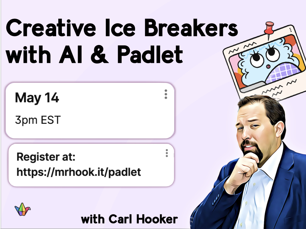 Want some easy and fun ways to introduce AI to your staff or students? Join me at 3pm EST on May 14 to check out these ice breakers (with live audience interaction) PLUS we'll be giving away my latest book as a prize! Register here: mrhook.it/padlet Thanks @padlet !