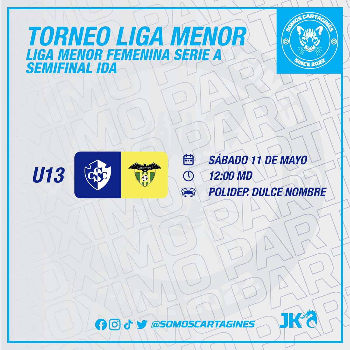 #ProximoPartido
La categoría U13 del Cartaginés femenino jugará el partido de ida de las semifinales del torneo de la Liga Menor Femenina Serie A frente AEDM Tibas.
📅 Sábado 11 de Mayo
🕛 12:00 md
🏟️ Polideportivo Dulce Nombre
#1CSC #VamosCartagines #CSCTIB