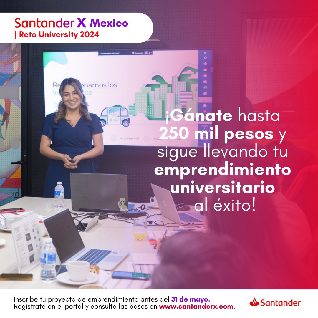 ⚠️Universitarios de la @UNACAR:
Pueden participar en la convocatoria @SantanderX  México | Reto University 2024 y llevarte un premio económico que siga impulsando tu idea de emprendimiento.

👉 Regístrate antes del 31 de mayo en: bit.ly/48Sknpb
