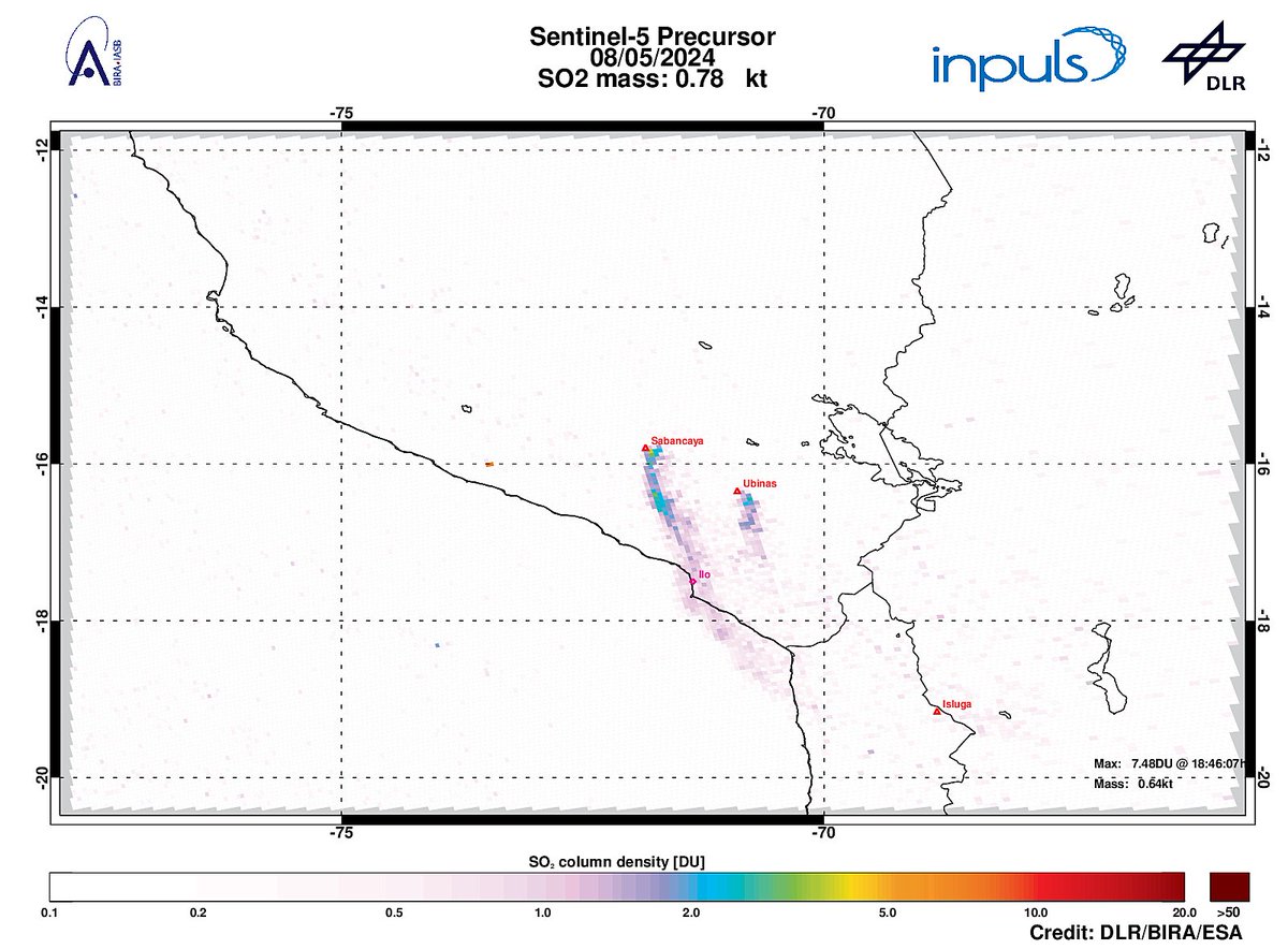 On 2024-05-08 #TROPOMI has detected an enhanced SO2 signal of 3.65DU at a distance of 7.8km to #Sabancaya. Other nearby sources: #Ubinas. #DLR_inpuls @tropomi #S5p #Sentinel5p @DLR_en @BIRA_IASB @ESA_EO #SO2LH