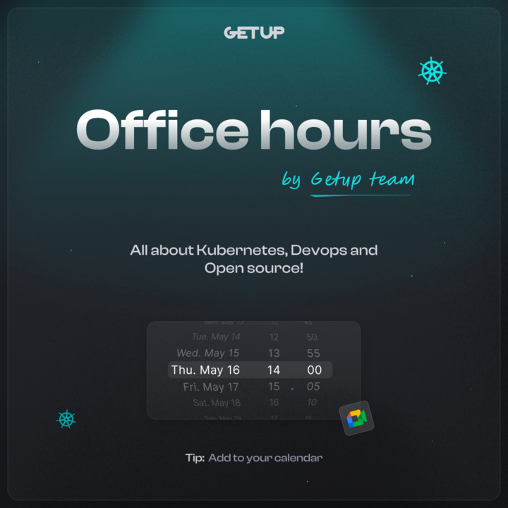 GetupCloud's tweet photo. Ready for some exciting news? Join us for our first Office Hour! It's the perfect space to exchange ideas, get your questions answered, and explore how our projects can assist you with security, compliance, and best practices challenges for Kubernetes. Save the date and join the conversation! https://t.co/Cbhgx3kj7v #devops #DevSecOps #Kubernetes #cloud