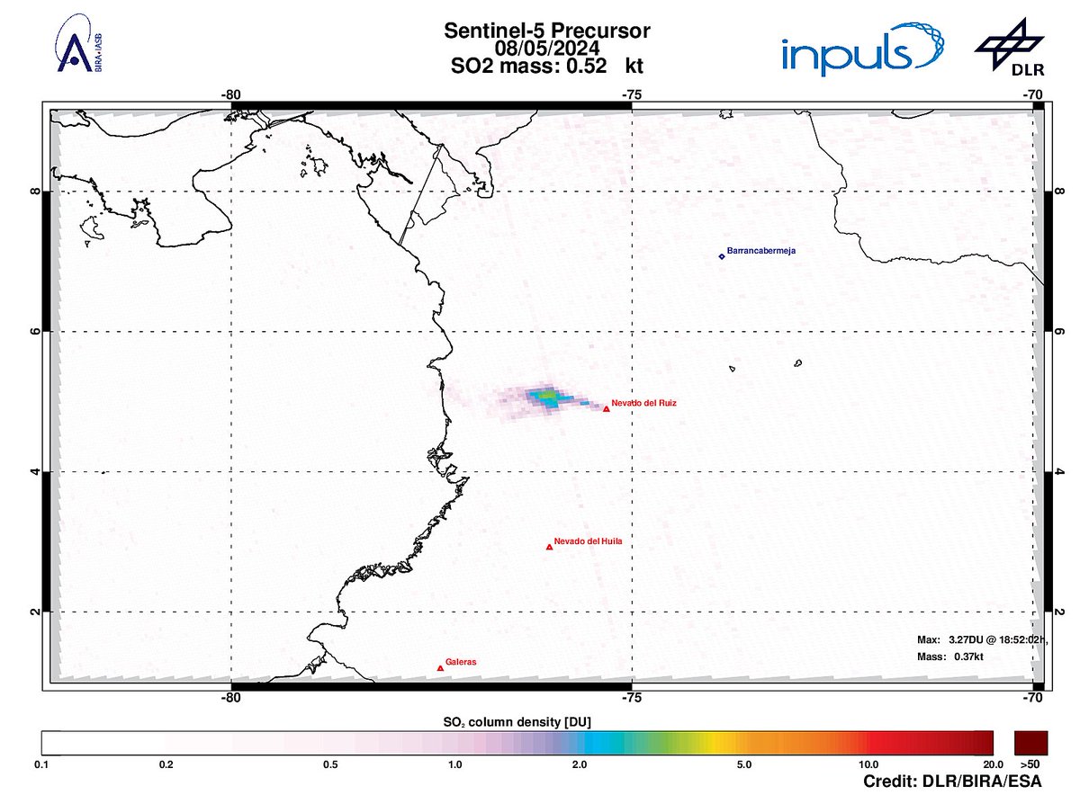 On 2024-05-08 #TROPOMI has detected an enhanced SO2 signal of 3.27DU at a distance of 86.8km to #NevadodelRuiz. #DLR_inpuls @tropomi #S5p #Sentinel5p @DLR_en @BIRA_IASB @ESA_EO #SO2LH