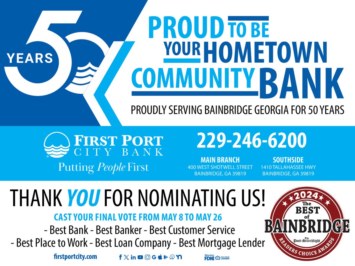 The Best of Bainbridge Contest voting has officially begun and will run until May 26th! Head over to the hubs.la/Q02wzR510 to cast your vote for your favorite local businesses! Thank you! #BestofBainbridge #SupportLocalBusinesses #PuttingPeopleFirst #ItMattersWhereYouBank