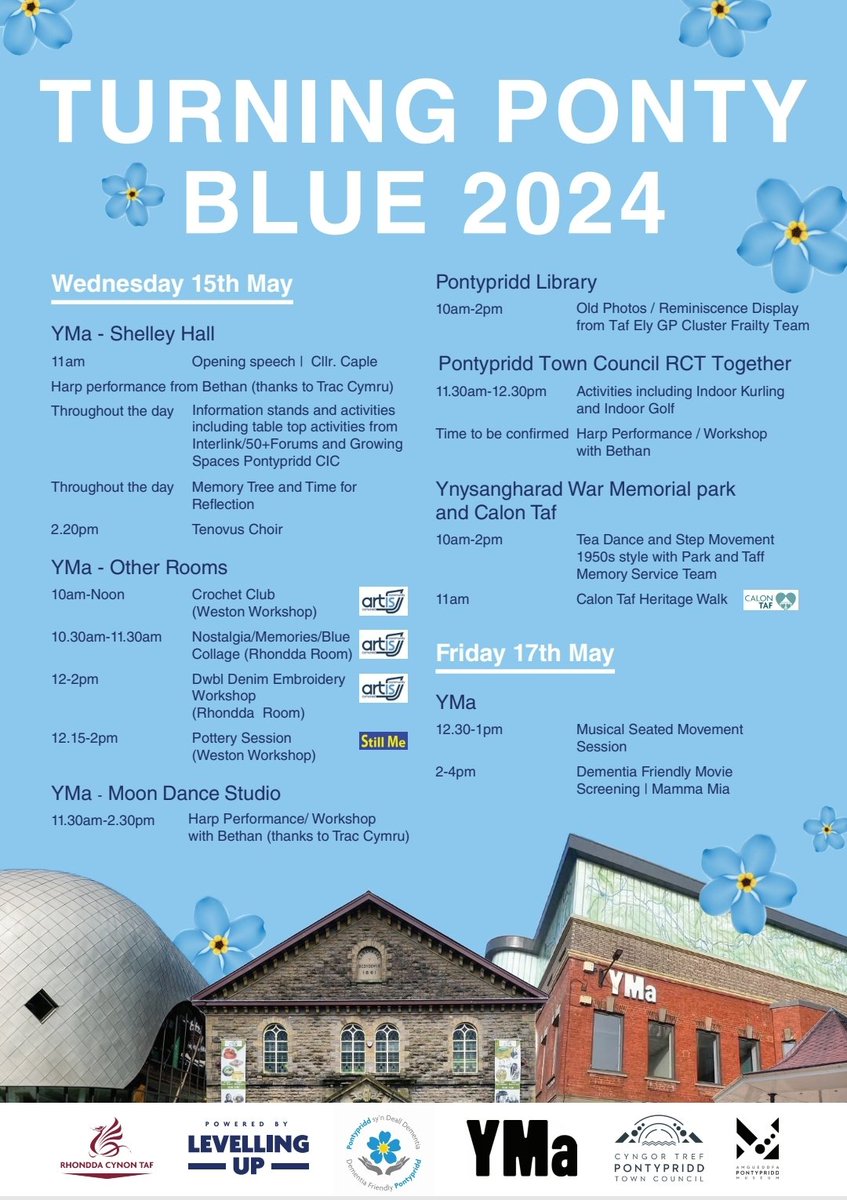 This time the correct year!! Dementia Action week - @DPontypridd hosts Turning Pontypridd Blue. MAY 15th 2024