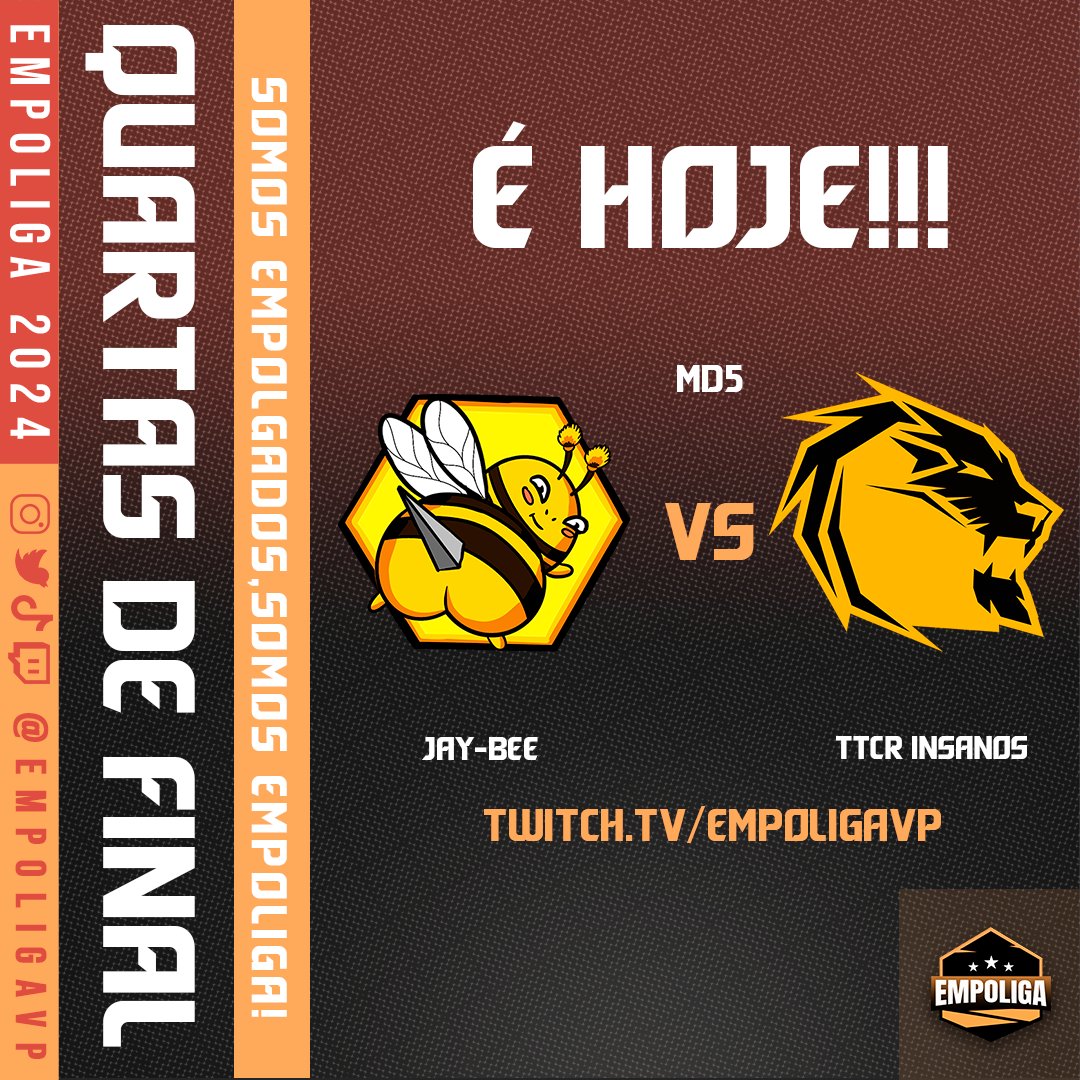 É HOJE!

Confronto na #TradA nas cores Amarelo e Preto para definir quem avança para as semifinais!

<a href="/JayBeegg/">Jay Bee 🇧🇷</a> (4-2) x <a href="/Insanos_Gaming1/">TTCR Insanos 🦁</a> (3-3)!

Md5 a partir das 19h00 em twitch.tv/empoligavp!

#EmpoligaVP