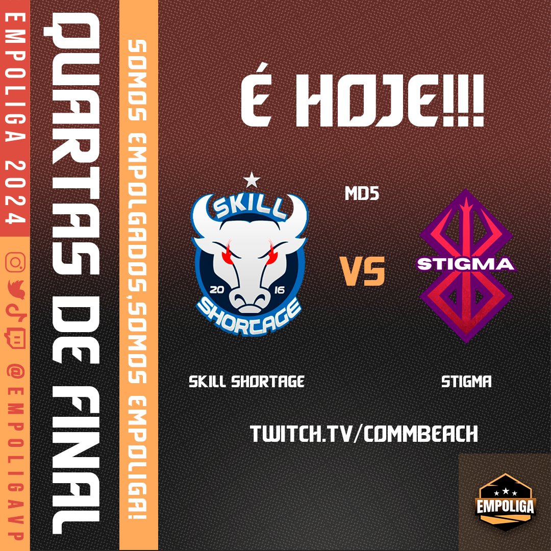 Também hoje um jogaço que define o adversário da <a href="/smoketram/">Smoke Tram</a> nas semifinais!

Série eliminatória em Md5!

<a href="/skillshortageof/">Skill Shortage Oficial</a> (4-2) x <a href="/_StigmaTeam/">Stigma</a> (4-2)

19h30 - twitch.tv/commbeach!