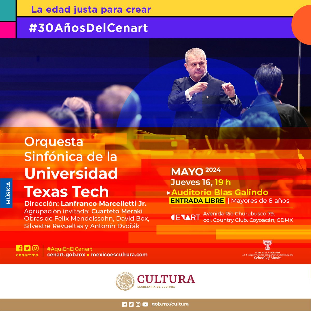 #30AñosDelCenart 🟣🟠🟢 | Fundada en 1954, con más de 65 músicos actualmente y dirigida por el destacado Lanfranco Marcelletti Jr. La Orquesta Sinfónica de la @TexasTech, ¡ofrecerá un concierto gratuito! Con invitados especiales