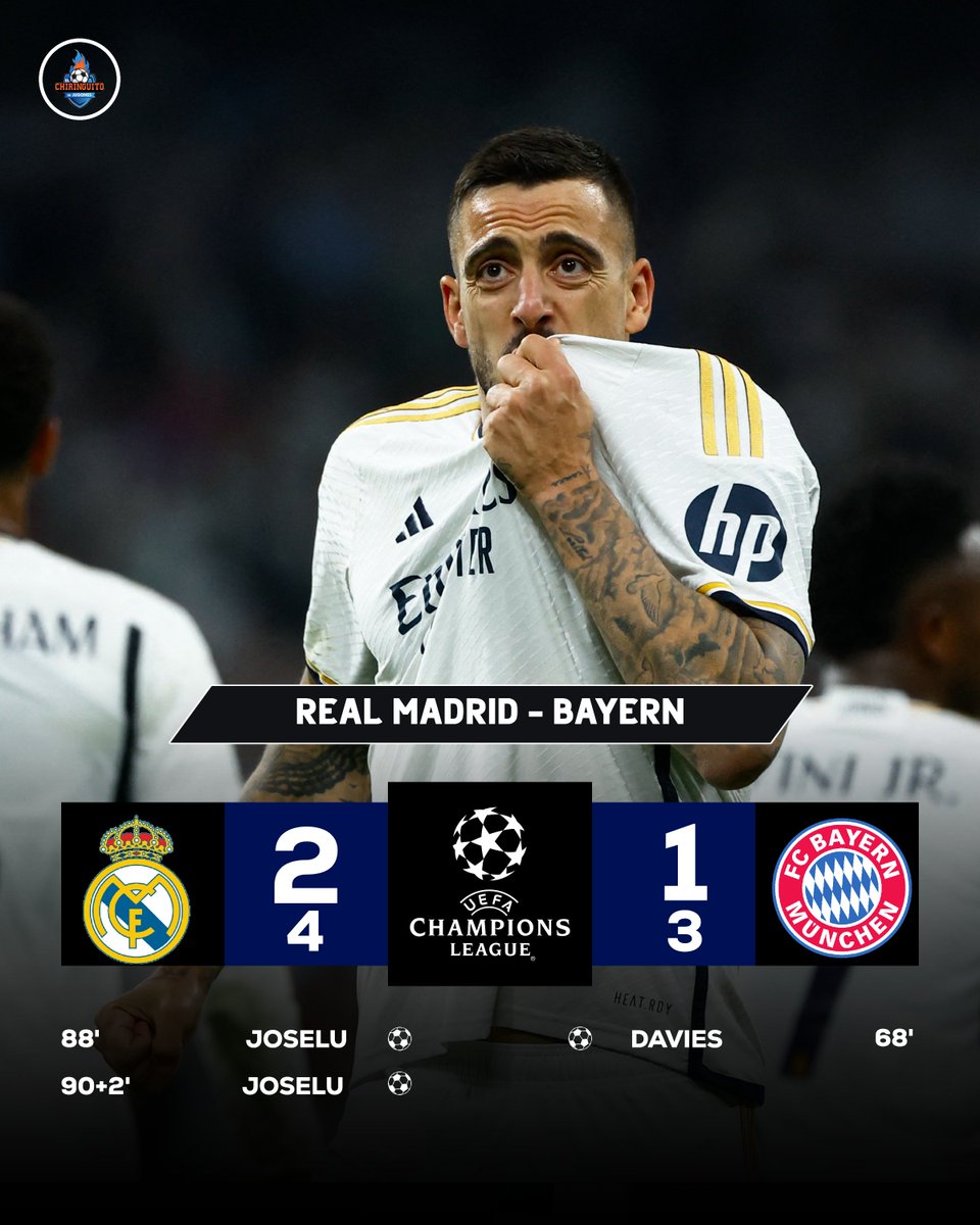 elchiringuitotv's tweet photo. ⏱️ ¡FINAAAAL! Joselu y el ADN del Real Madrid meten a los blancos en la final de Wembley. #UCL 

🇪🇸 Real Madrid 2-1 Bayern 🇩🇪 | (Global: 4-3) https://t.co/ms0rjCv97F