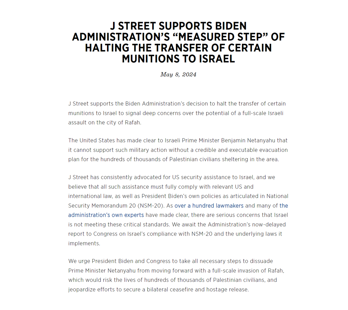 J Street supports the Biden Administration’s decision to halt the transfer of certain munitions to Israel to signal deep concerns over the potential of a full-scale Israeli assault on the city of Rafah. Read our full statement here: jstreet.org/press-releases…