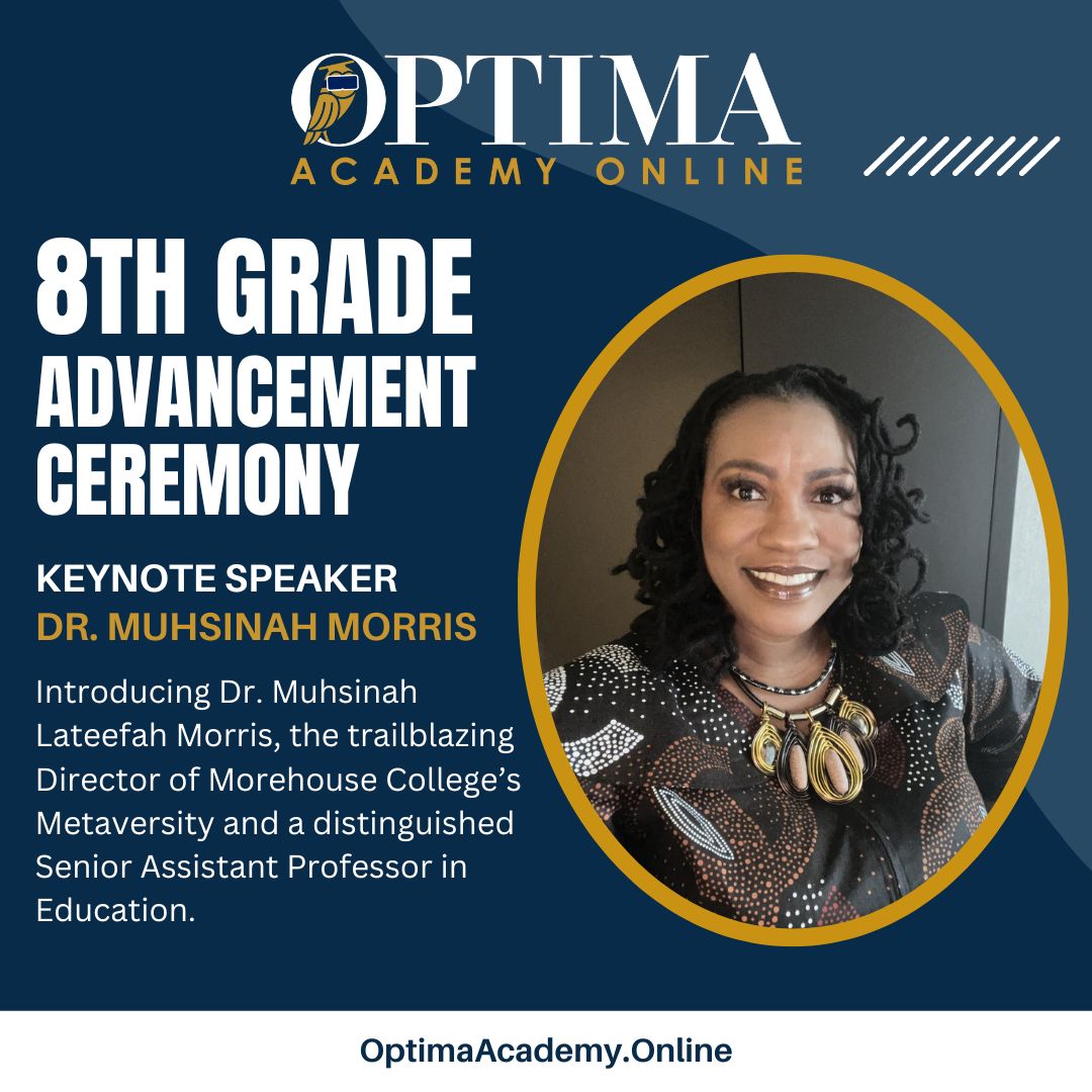 We're thrilled to announce our 8th Grade Advancement Ceremony Keynote Speaker: Dr. Muhsinah Morris!

We can't wait for Dr. Morris to inspire our students as they embark on their high school journeys!

Event Details
May 30th | 11:00 AM - 12:00 PM EST
Live-streamed in ENGAGE