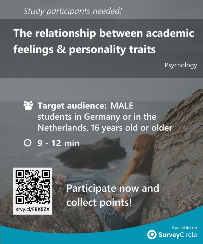 Participants needed for top-ranked study on SurveyCircle: 'The relationship between academic feelings & personality traits' surveycircle.com/FBK8ZX/ via @SurveyCircle #maastrichtu #AcademicFeelings #PersonalityTraits #wellbeing #selfconfidence