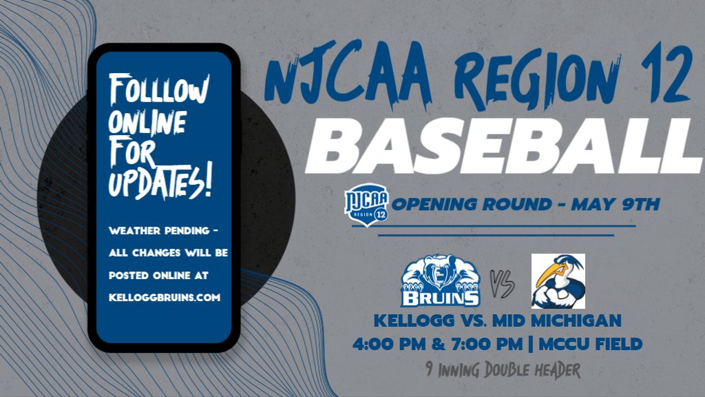 ⚾️🐻🔥 Almost Game Day! @BaseballKellogg hosts Mid Michigan College tomorrow for the Opening Round of the @NJCAARegion12 Baseball Tournament! 🕓 4:00 PM | double header** 📍 MCCU Field 📽️web.gc.com/teams/yFy2byWv… **Weather pending - go to kelloggbruins.com for updates!