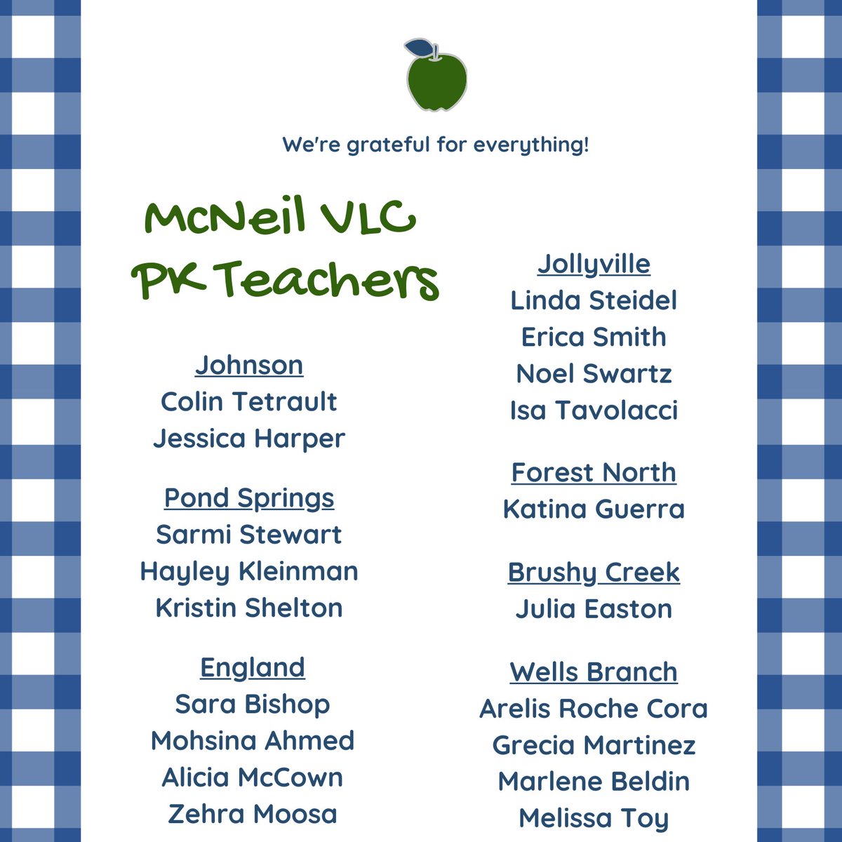 RRISDPK's tweet photo. Today we're showing gratitude to our @MHSMavs VLC PK Teachers!  A huge thanks to the 19 teachers (PK3, PK4 ESL &amp; DL) serving on these 7 campuses! 💚@JLJohnsonElem @PrincipalKUnger @PondSpringsElem #ElsaEngland @kwilliamsEEE @jvejaguars @forestnorth @BCE_BlueJays @WellsBranchAIA https://t.co/ZMyXd38ZDn