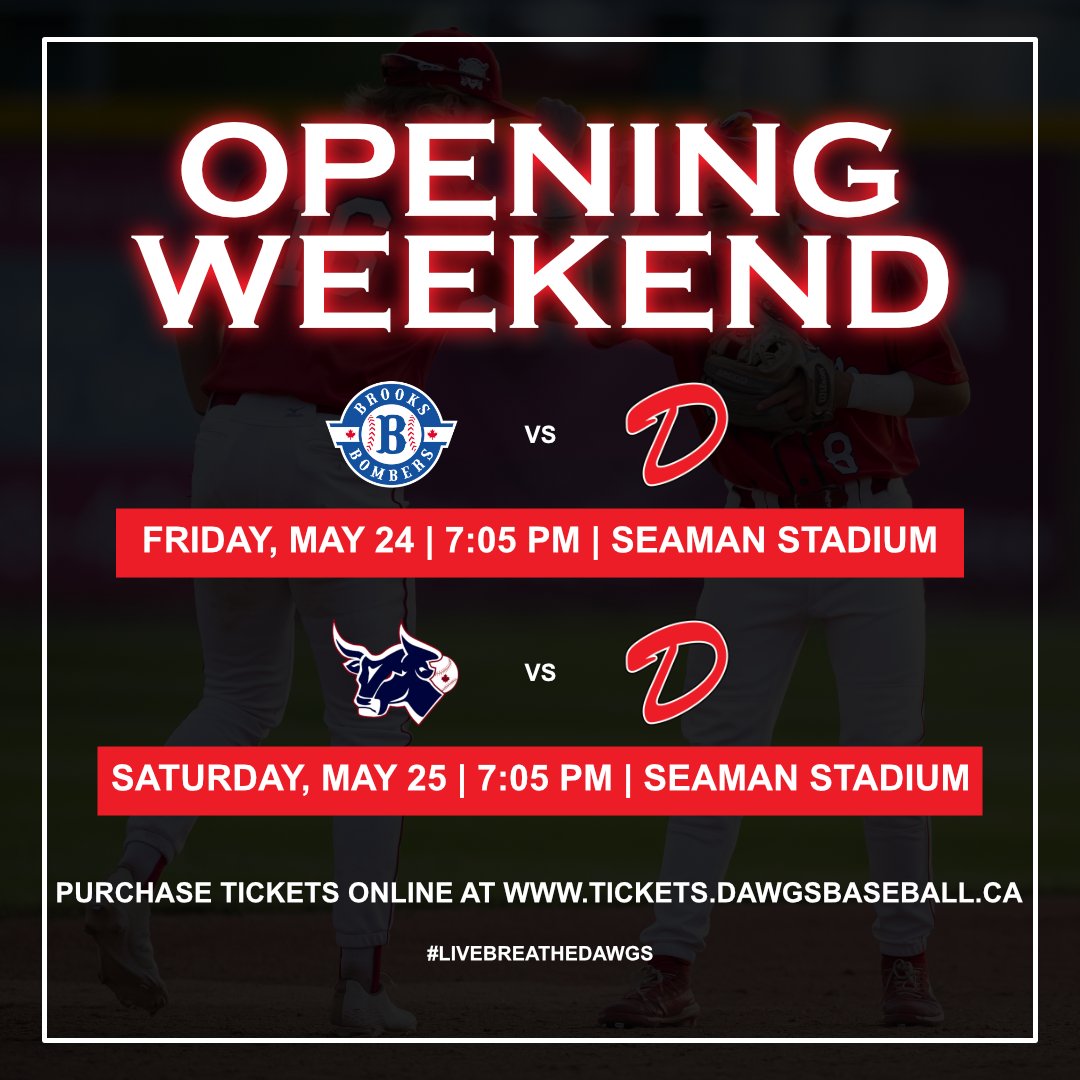 Opening weekend is just around the corner at Seaman Stadium as the Dawgs look to 3-peat. Make sure you purchase your game day tickets and come support your Dawgs! Purchase tickets online at tickets.dawgsbaseball.ca #dawgs #WCBL #openingweekend #yycsports #yycevents