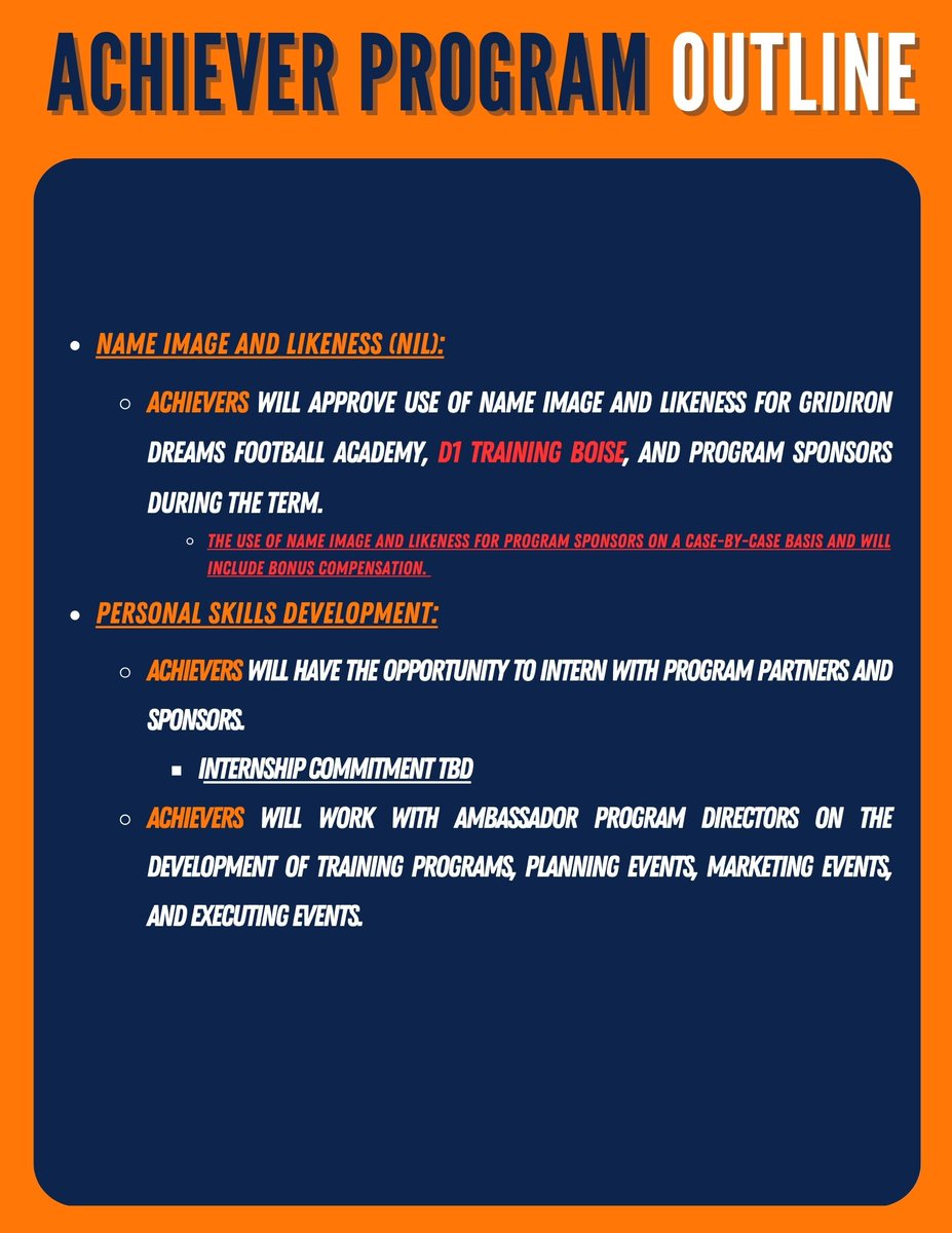 I am also excited to share that we are officially launching the "Gridiron Dreams Achievers" NIL ambassador program and I will be announcing our inaugural group next week! 

Our program will be funded partially by Gridiron Dreams and our sponsors and will be focused on the