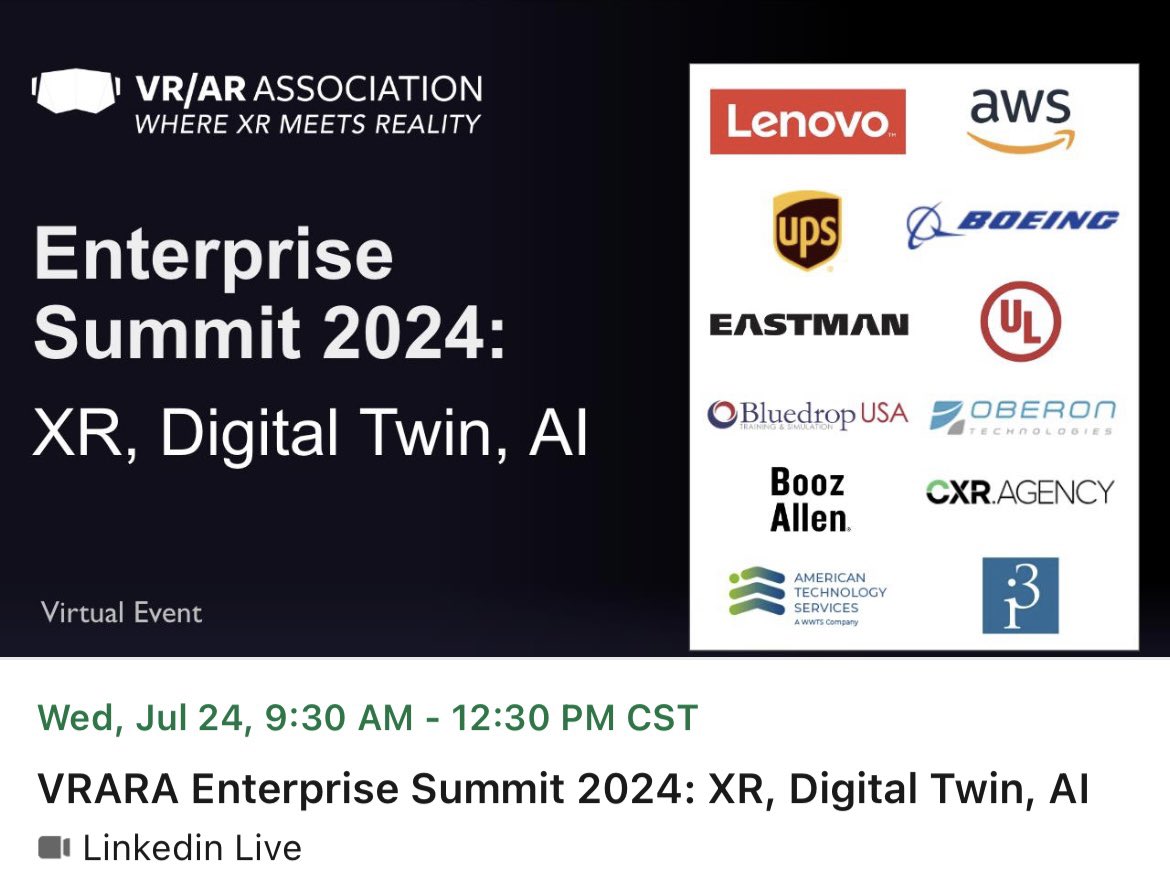 🔥 700+ already registered for our Enterprise Summit on XR, Digital Twin, AI linkedin.com/events/7186048… with speakers from Lenovo, Boeing, Amazon AWS, Booz Allen, UPS, Eastman, UL, and 30+ others 🤗 #digitaltransformation #tech #business