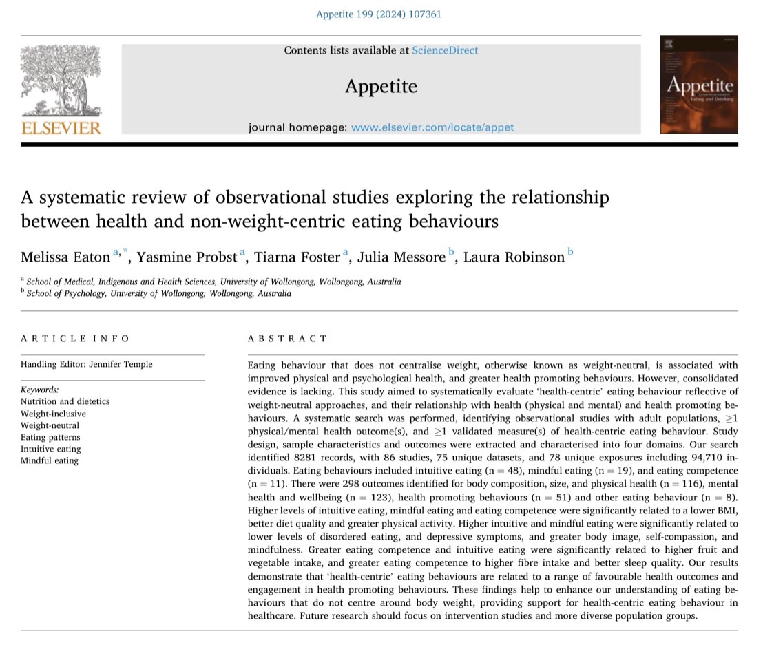 Our systematic review exploring the relationship between health & non-weight centric eating behaviours is out now! 🎉 What did we find? 👉Across 86 studies, and 297 outcomes, we found eating in a way that had a HEALTH, not weight focus… sciencedirect.com/science/articl…
