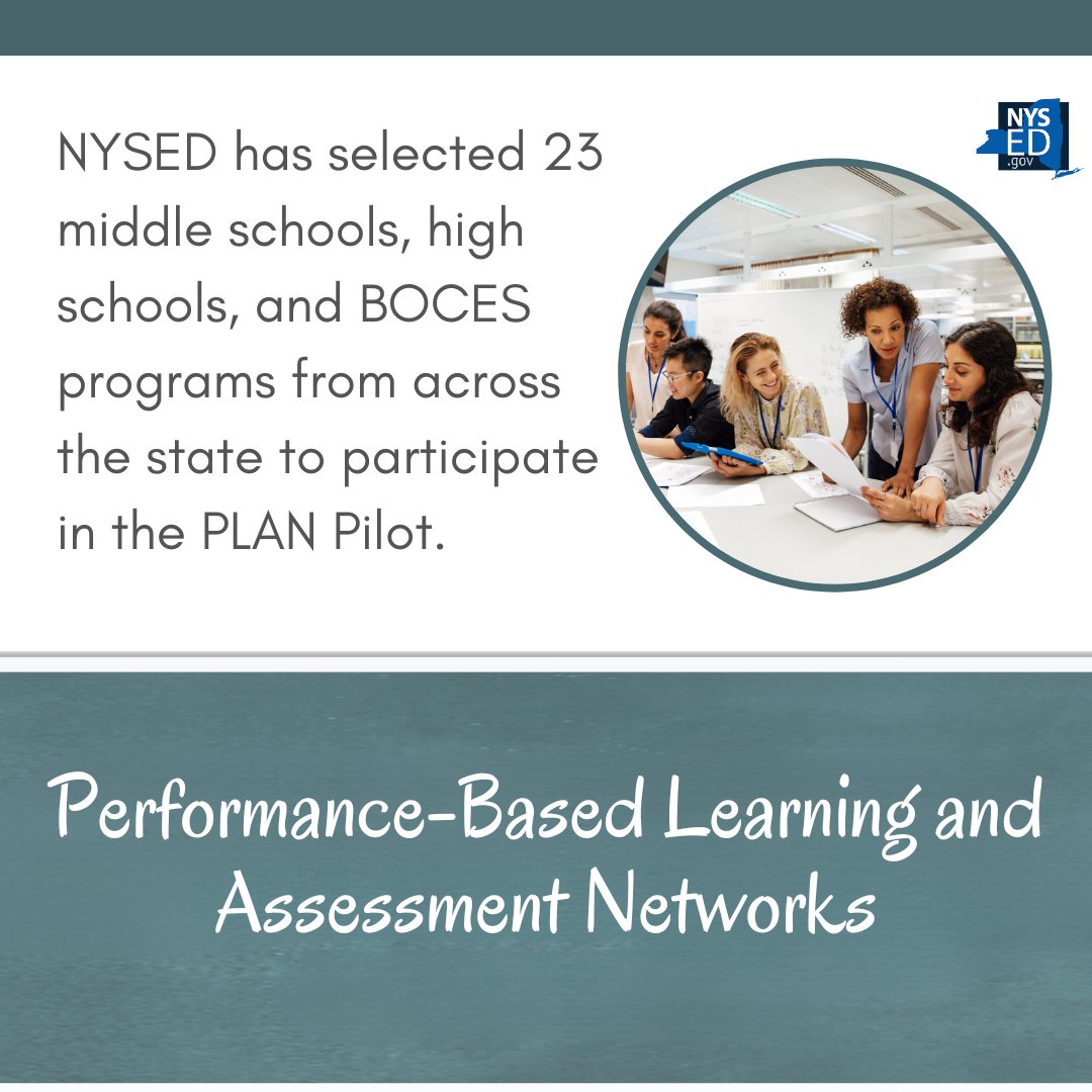 NYSED has selected 23 middle schools, high schools, and BOCES programs from across the state to participate in the Performance-Based Learning and Assessment Networks (PLAN) Pilot. Find more details and the list of schools here: bit.ly/3US6cgj