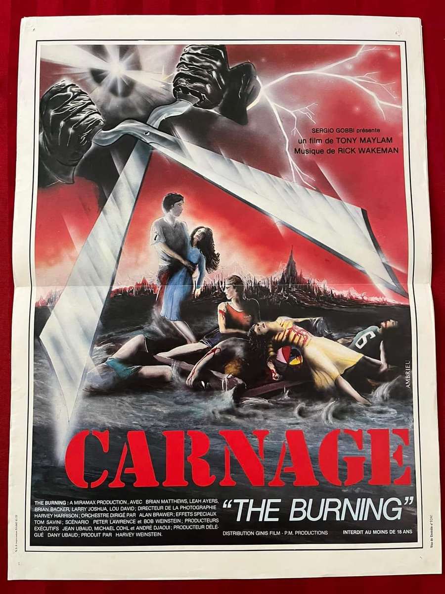 The Burning was released on this day in 1981.

Here is a French poster for the movie, where it was retitled Carnage.

#OnThisDayinHorror #HorrorHistory #Horror #HorrorMovies #80sHorror #Slasher #SlasherMovies #TheBurning #Cropsy #MoviePoster #HorrorPoster #PosterArt #HorrorArt