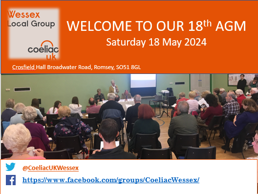 Coeliac UK Wessex (@coeliacukwessex) on Twitter photo We will be holding our 20th AGM on Sat 18 April CrosfieldHall Broadwater Road, Romsey, SO51 8GL - we will have guest speaker <a href="/Benjac64/">Caroline Benjamin</a> from <a href="/FoodAllergyAW/">Food Allergy Aware</a> talking about dining out, labelling, #NearMissReporting & <a href="/OwensLaw1/">Owen’s Law</a> & Giveaways from <a href="/warburtonsgf/">Warburtons Gluten Free</a> We will be holding our 20th AGM on Sat 18 April CrosfieldHall Broadwater Road, Romsey, SO51 8GL - we will have guest speaker <a href="/Benjac64/">Caroline Benjamin</a> from <a href="/FoodAllergyAW/">Food Allergy Aware</a> talking about dining out, labelling, #NearMissReporting & <a href="/OwensLaw1/">Owen’s Law</a> & Giveaways from <a href="/warburtonsgf/">Warburtons Gluten Free</a>